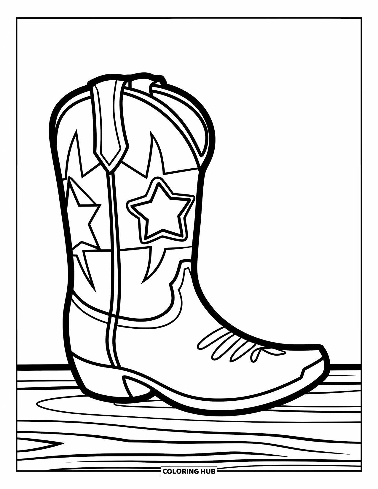 Cowboy Coloring Page for Kids: A cheerful cowboy boot with a star badge rests on a wooden floor
