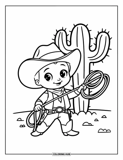 Coloriage de cowboys pour enfants : Un cowboy enjoué tient un lasso près d'un grand cactus dans le désert
