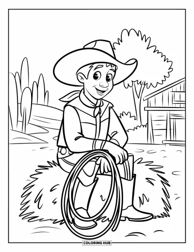 Coloriage de cowboys pour enfants : Un cowboy souriant est assis sur une botte de foin avec des arbres et un bâtiment en arrière-plan