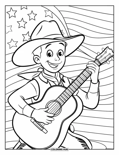 Coloriage de cowboys pour enfants : Un cowboy enjoué joue de la guitare avec des étoiles et des rayures derrière lui