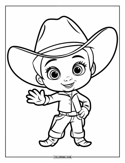 Coloriage de cowboys pour enfants : Un cowboy enjoué fait signe avec un grand chapeau et un large sourire
