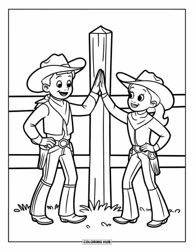 Coloriage de cowboys pour enfants : Un cowboy et une cowgirl se tapent dans la main près d'un poteau d'attache sur un sol poussiéreux