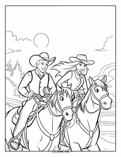 Coloriage de cowboys pour enfants : Un cowboy et une cowgirl chevauchent côte à côte vers le coucher de soleil avec des arbres au loin