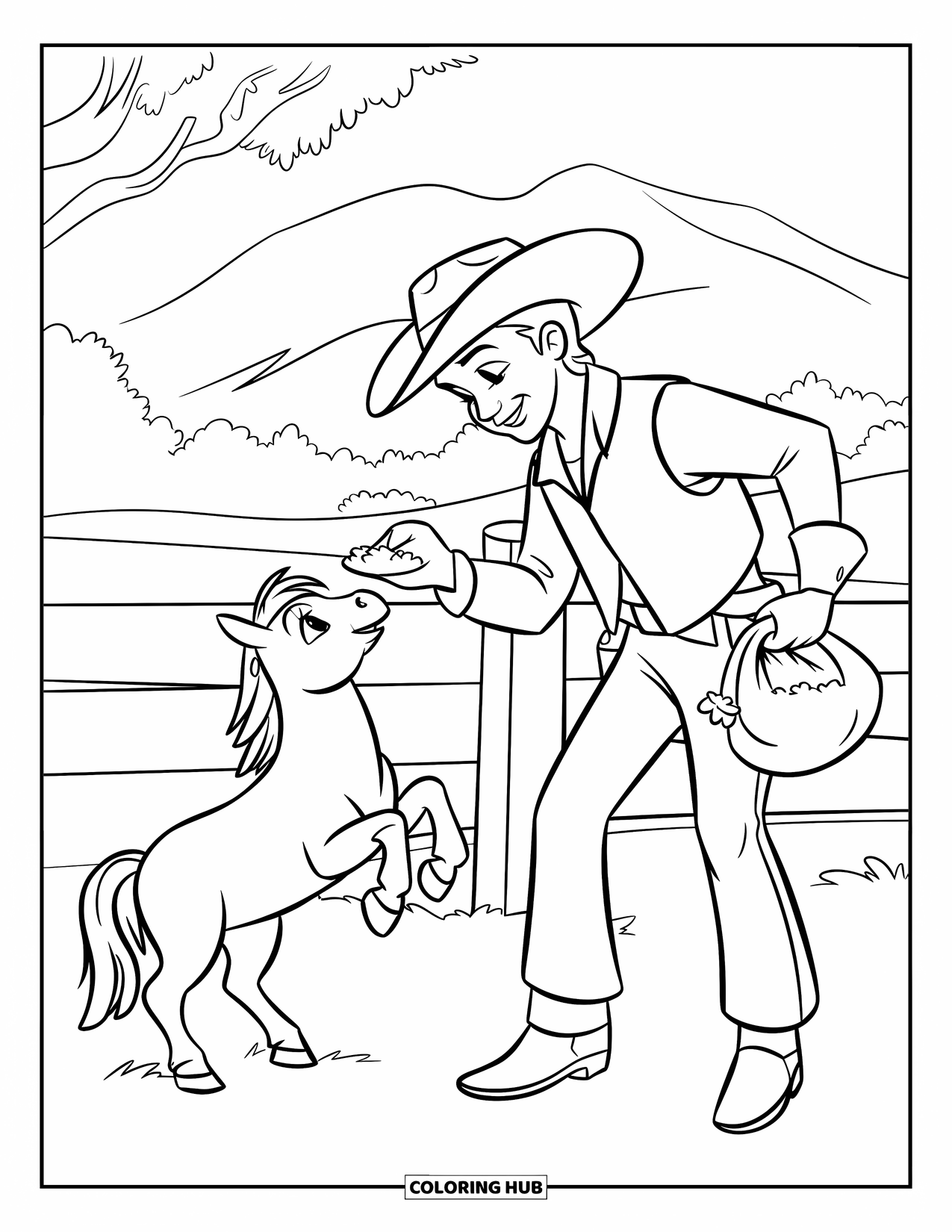 Cowboy Coloring Page for Kids: A cowboy feeds a playful horse reaching up on its back legs