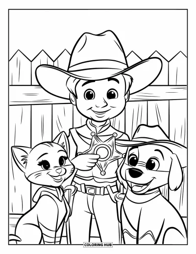 Coloriage de cowboys pour enfants : Un cowboy montre son insigne à un chat et un chien amis près d'une clôture en bois