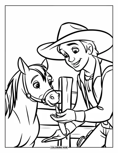 Coloriage de cowboys pour enfants : Un cowboy tend une carotte à un petit cheval affamé