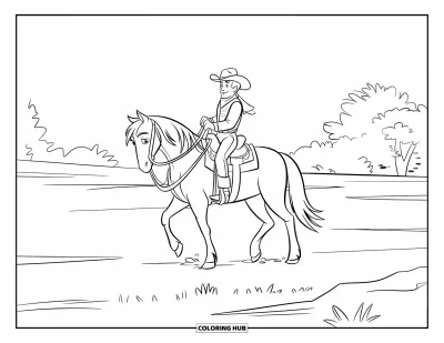 Coloriage de cowboys pour enfants : Un cowboy en gilet chevauche tranquillement à travers une plaine ouverte parsemée d'arbres