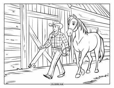 Coloriage de cowboys pour enfants : Un cowboy en chemise à carreaux guide son cheval près d'une grange aux planches de bois sur un sol en terre