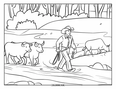 Coloriage de cowboys pour enfants : Un cowboy guide du bétail à travers une rivière tranquille bordée d'arbres dans un décor paisible