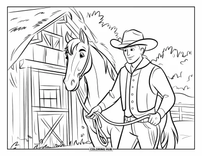 Coloriage de cowboys pour enfants : Un cowboy guide son cheval près d'une grange rustique avec des arbres en arrière-plan