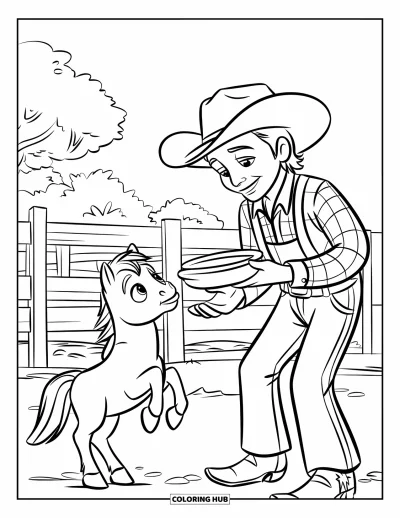 Coloriage de cowboys pour enfants : Un cowboy offre de la nourriture à un petit cheval dressé près d'une clôture de ranch