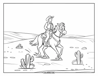 Coloriage de cowboys pour enfants : Un cowboy à cheval traverse un désert sablonneux avec quelques cactus épars