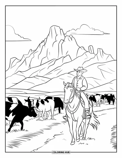 Coloriage de cowboys pour enfants : Un cowboy à cheval rassemble du bétail sous un ciel dégagé avec des montagnes rocheuses derrière lui