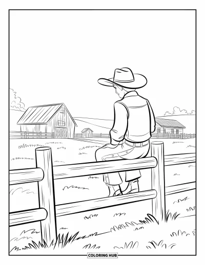 Coloriage de cowboys pour enfants : Un cowboy perché sur une clôture en bois contemple les granges et les champs du ranch