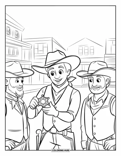 Coloriage de cowboys pour enfants : Un cowboy montre fièrement son insigne à deux amis devant une ville du Far West
