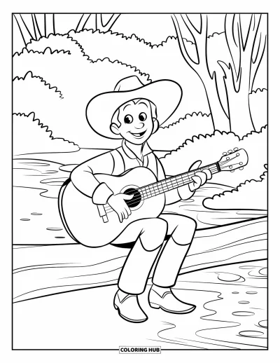 Coloriage de cowboys pour enfants : Un cowboy se détend au bord d'une rivière en tenant sa guitare près des arbres