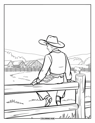 Coloriage de cowboys pour enfants : Un cowboy se repose sur une clôture en veillant sur un ranch tranquille avec des arbres et des vaches