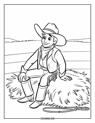 Coloriage de cowboys pour enfants : Un cowboy se repose sur une botte de foin avec un lasso à côté de lui et des champs ouverts alentour