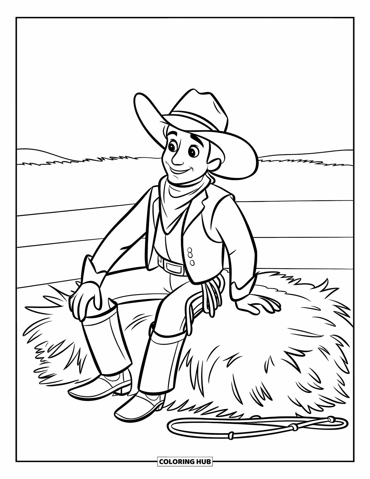 Cowboy Coloring Page for Kids: A cowboy rests on a haystack with a lasso beside him and open fields around