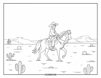 Coloriage de cowboys pour enfants : Un cowboy traverse un paysage désertique parsemé de cactus avec des montagnes au loin