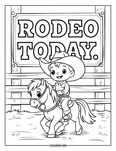 Coloriage de cowboys pour enfants : Un cowboy chevauche son poney sur un sol poussiéreux sous une pancarte « Rodeo Today »