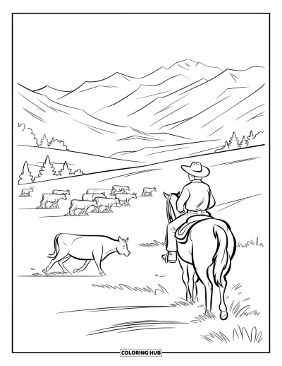 Coloriage de cowboys pour enfants : Un cowboy traverse un grand champ en rassemblant du bétail avec des montagnes qui se dressent au loin