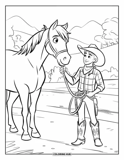 Coloriage de cowboys pour enfants : Un cowboy attache les rênes de son cheval à un poteau avec des arbres et des montagnes derrière lui