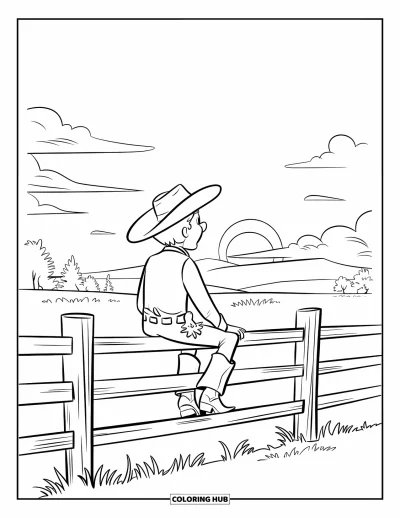 Coloriage de cowboys pour enfants : Un cowboy assis sur une clôture contemple le coucher de soleil sur la plaine