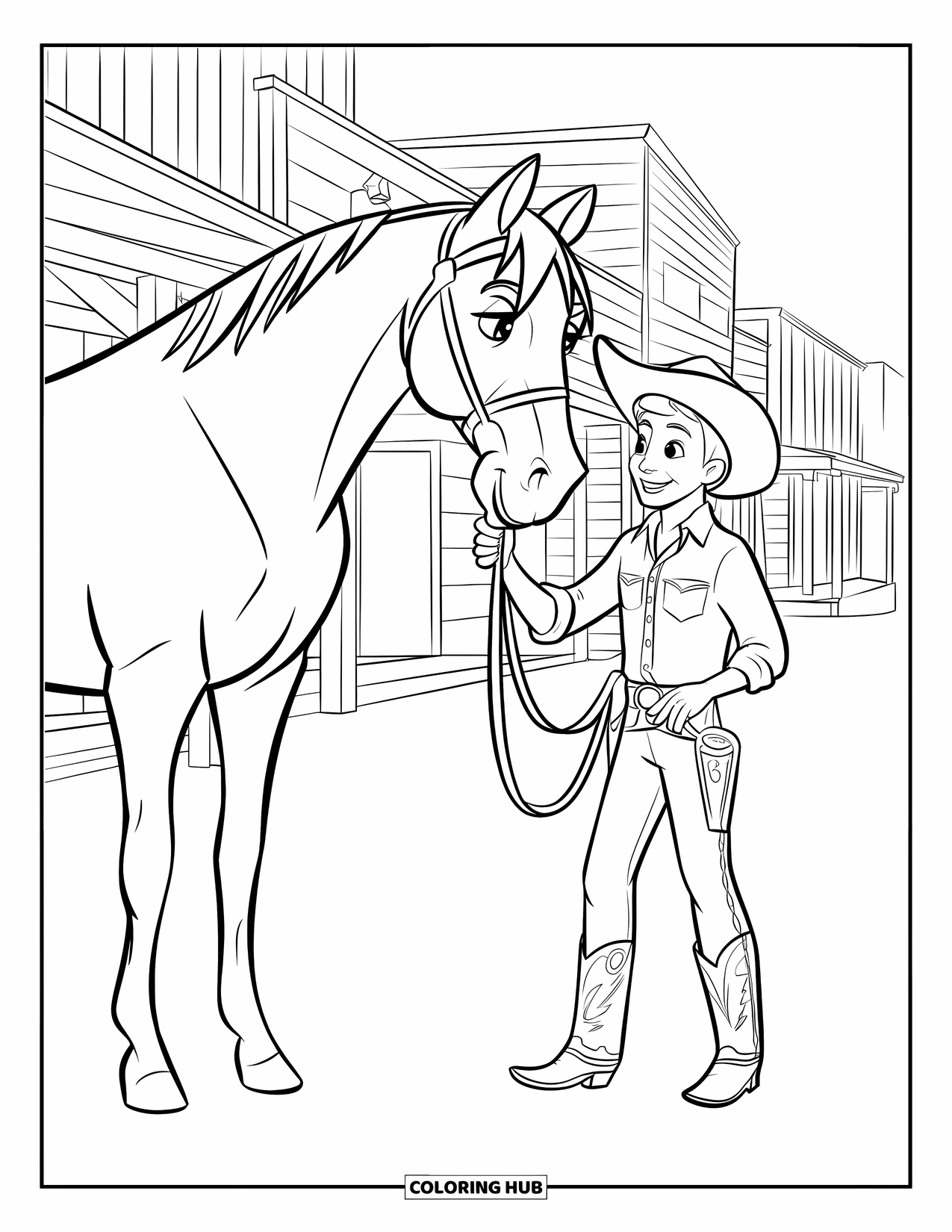 Cowboy Coloring Page for Kids: A cowboy ties his spotted horse near wooden buildings in a quiet western town