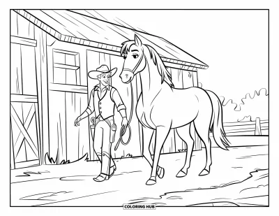 Coloriage de cowboys pour enfants : Un cowboy marche avec son cheval près d'une grange en bois sous un ciel dégagé