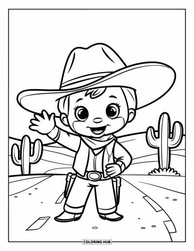 Coloriage de cowboys pour enfants : Un cowboy au grand chapeau fait signe depuis un chemin de terre bordé de cactus