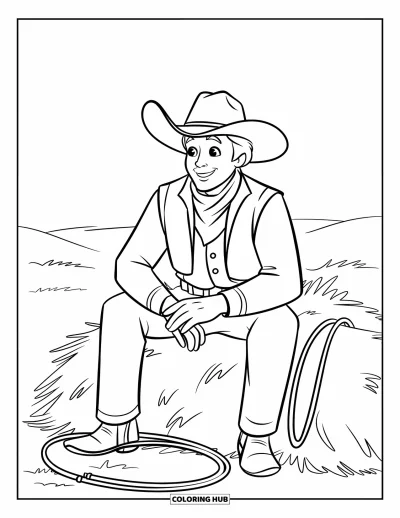 Coloriage de cowboys pour enfants : Un cowboy avec un chapeau et un gilet se détend sur une botte de foin dans un grand champ ouvert