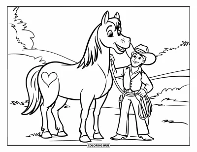 Coloriage de cowboys pour enfants : Un cowboy au grand chapeau se tient près d'un cheval marqué d'un fer en forme de cœur