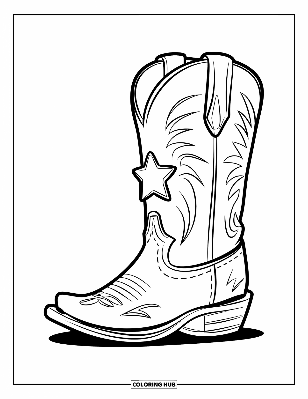 Cowboy Coloring Page for Kids: A cute cowboy boot with a star badge rests on a wooden base