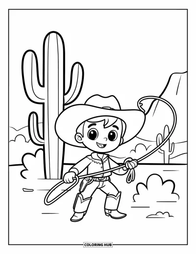 Coloriage de cowboys pour enfants : Un adorable cowboy se tient avec un lasso et un cactus derrière lui dans le désert