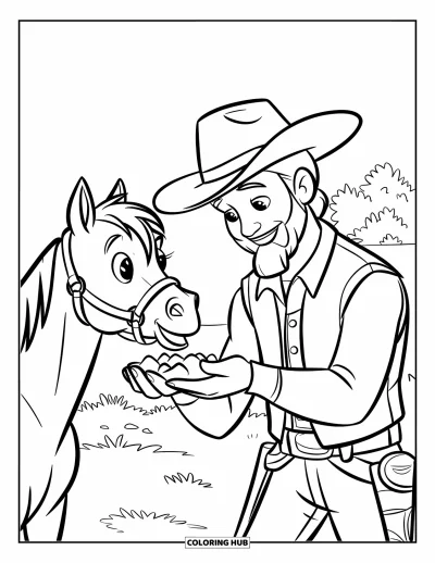 Coloriage de cowboys pour enfants : Un cowboy bienveillant donne à manger à un petit cheval dans un champ herbeux avec des arbres à proximité