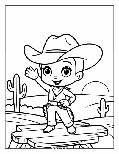 Coloriage de cowboys pour enfants : Un cowboy sympathique fait signe depuis une plateforme en bois avec des cactus et un coucher de soleil derrière lui