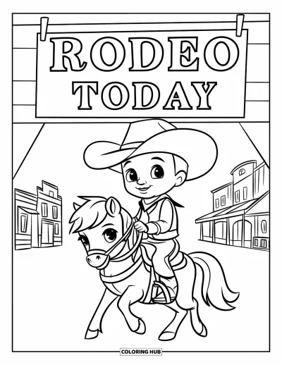 Coloriage de cowboys pour enfants : Un cowboy heureux chevauche un poney à la queue touffue près de bâtiments et d'une pancarte de rodéo