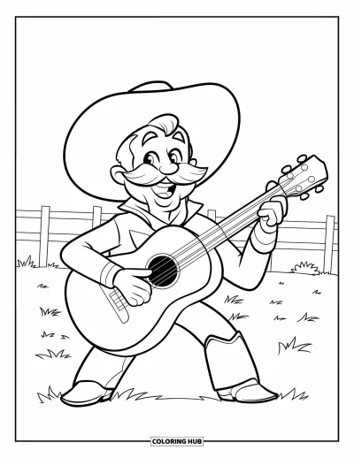 Coloriage de cowboys pour enfants : Un cowboy heureux avec une moustache tient une guitare dans un champ herbeux près d'une clôture