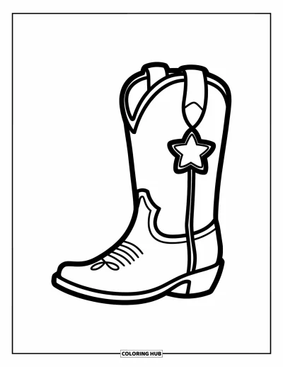 Coloriage de cowboys pour enfants : Une botte amusante ornée d'un insigne étoilé repose sur le sol