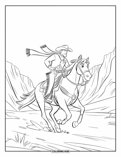 Coloriage de cowboys pour enfants : Un cowboy portant un foulard traverse un canyon sous un ciel dégagé