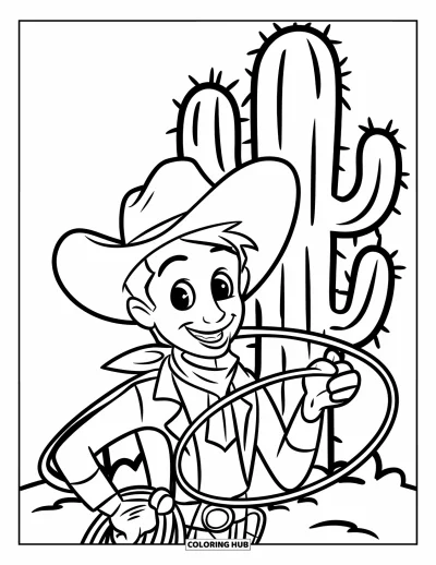 Coloriage de cowboys pour enfants : Un cowboy souriant tient fermement son lasso debout près d'un cactus