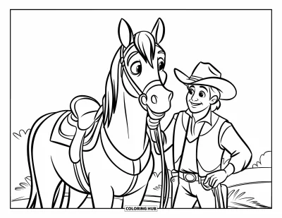 Coloriage de cowboys pour enfants : Un cowboy souriant tient les rênes de son cheval dans un champ paisible et ouvert