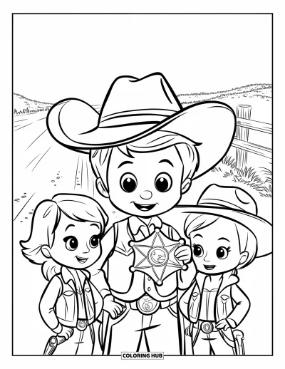 Coloriage de cowboys pour enfants : Un cowboy souriant brandit un insigne de shérif près de deux amis et d'une clôture poussiéreuse