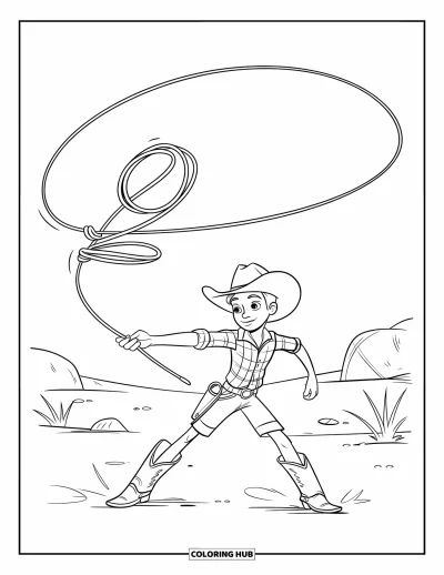 Coloriage de cowboys pour enfants : Un cowboy souriant en chemise à carreaux lance son lasso dans un champ poussiéreux parsemé de plantes et de rochers