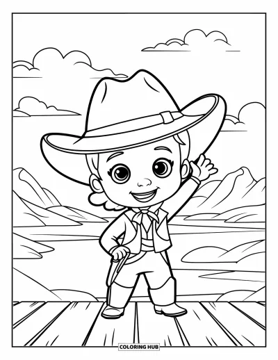 Coloriage de cowboys pour enfants : Un cowboy souriant fait signe depuis une plateforme en bois près de montagnes et d'un plan d'eau