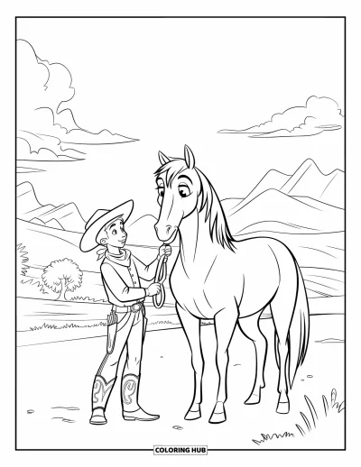 Coloriage de cowboys pour enfants : Un jeune cowboy adolescent attache son cheval près de montagnes et d'arbres sous un ciel nuageux