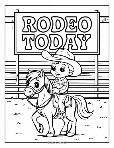 Coloriage de cowboys pour enfants : Un jeune cowboy sur un poney passe devant une pancarte et les gradins d'un rodéo