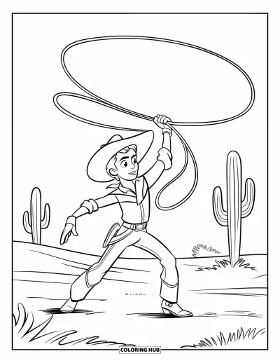 Coloriage de cowboys pour enfants : Un jeune cowboy fait tournoyer son lasso dans un grand champ ouvert parsemé de cactus