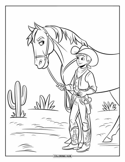 Coloriage de cowboys pour enfants : Un jeune cowboy attache son cheval sous un ciel nuageux près de cactus et de terres ouvertes